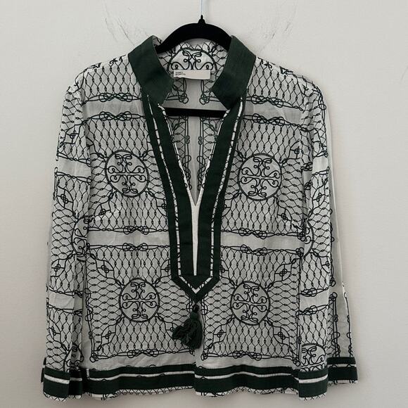 Tory Burch Green and White Geometric Tunic Top Size Medium - Picture 1 of 7